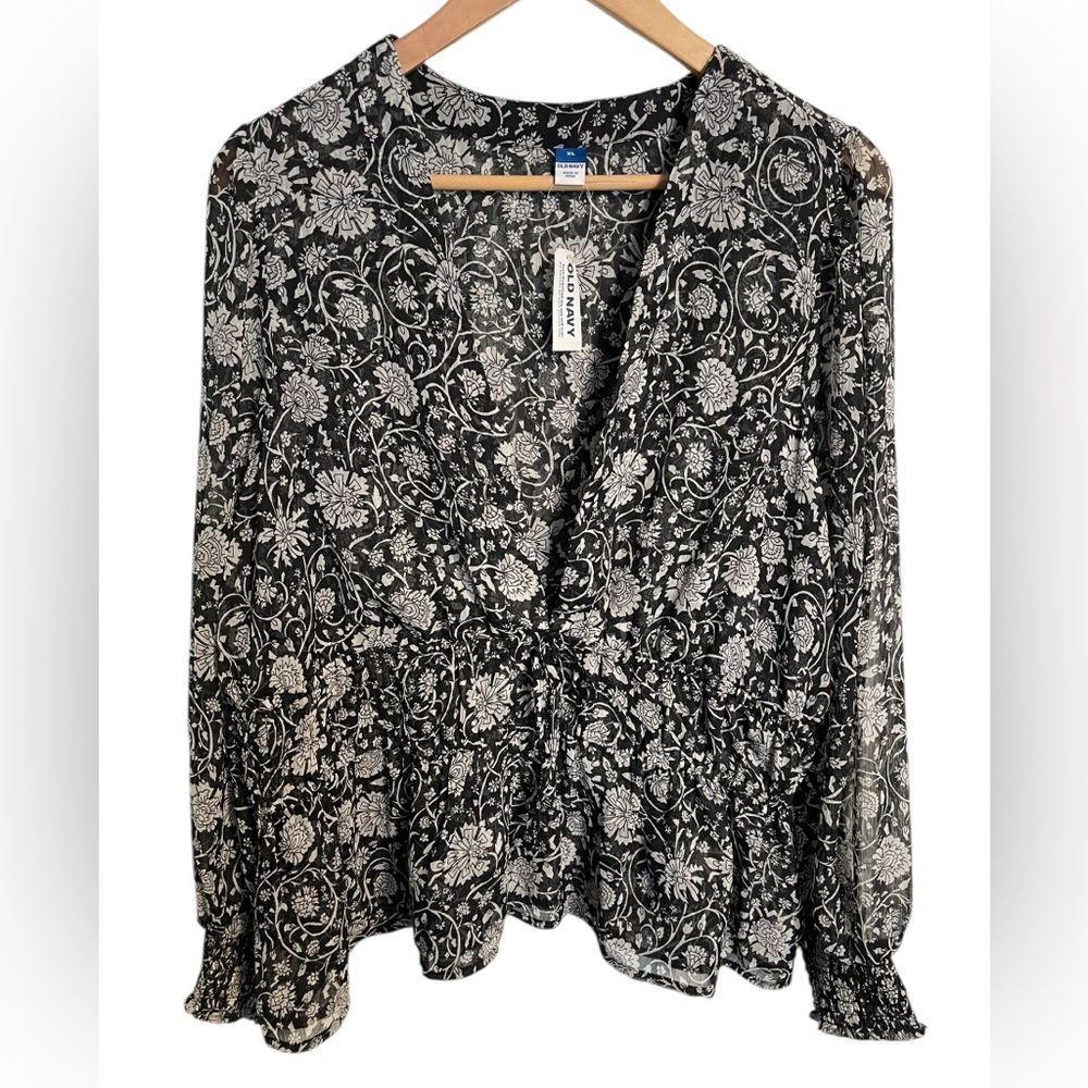 Old Navy Women's XL Puff-Sleeve Floral-Print Smocked Waist Blouse NWT Semi Sheer